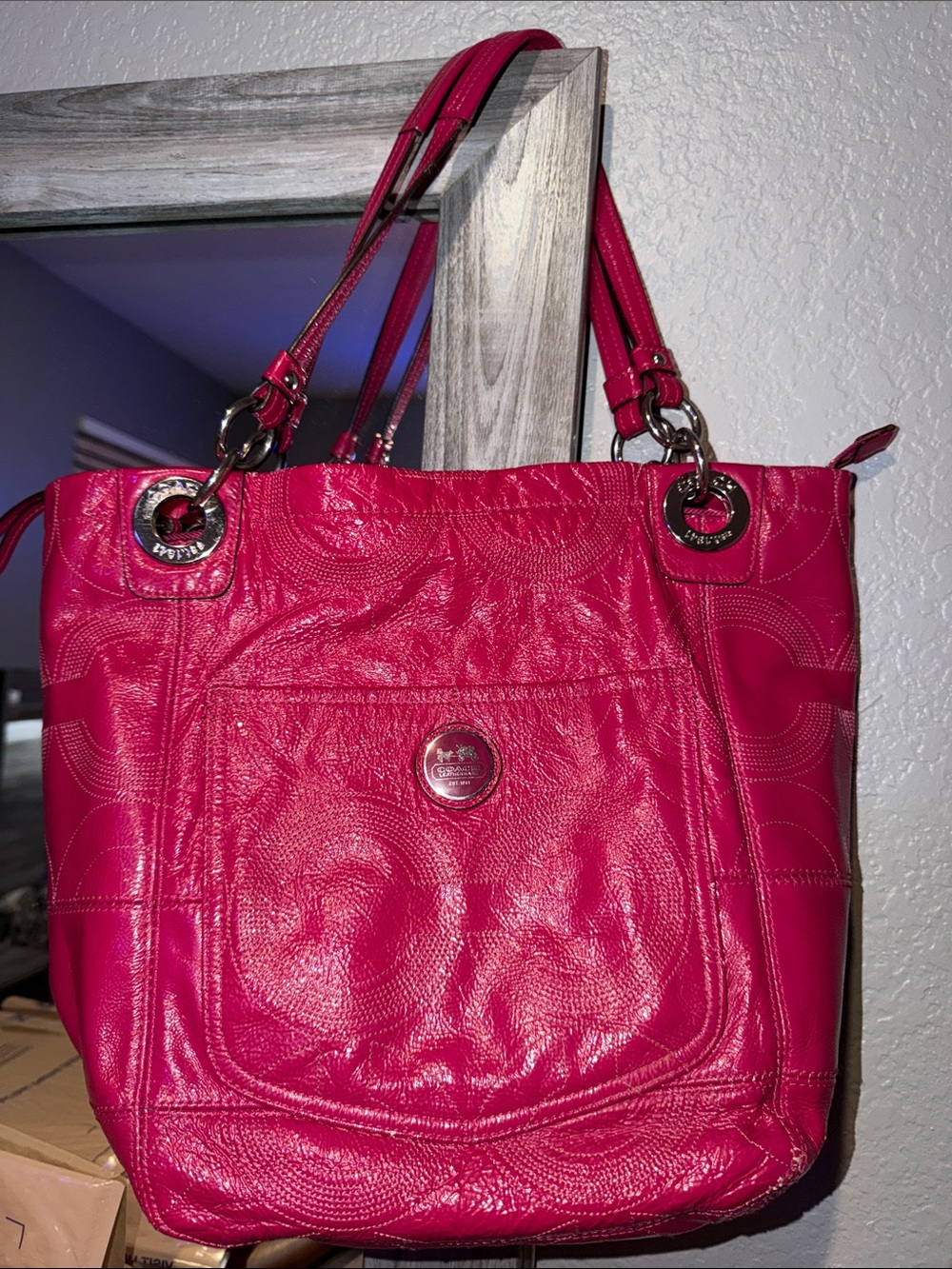 Coach Fuchsia Leather Shoulder Bag with Silver hardware
